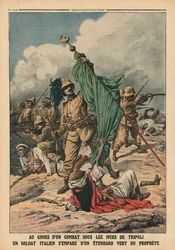 Ein italienischer Soldat ergreift das grüne Banner des Propheten Mohammed, Illustration aus 